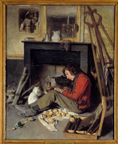 Værkstedsinteriør En maler nær sin pejs. Maleri af Octave Tassaert (1800-1874) 1845 søn. 0,46x0,38 m af Octave Tassaert