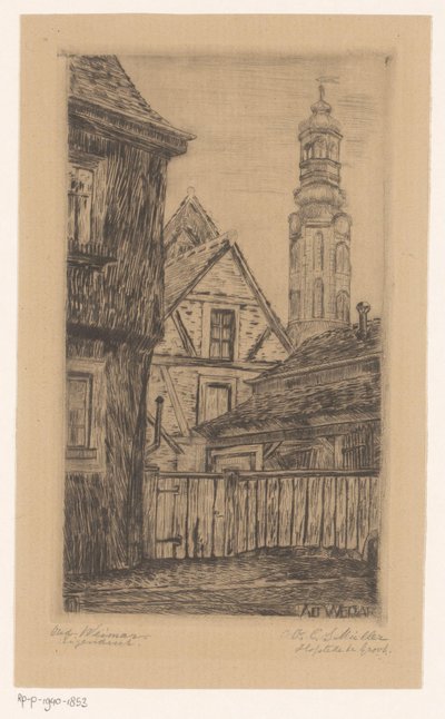 Bybillede med tårnet i Weimar Alt Weimar (titel på objekt) af Octavia Cornelia Suzanna Hofstede de Groot (signed by artist)