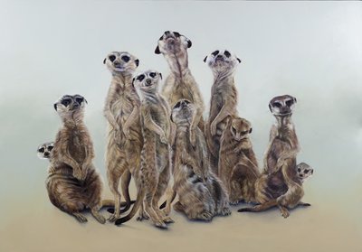 Meerkat mob, sun angels, 2013 (akryl på gessobehandlet træ) af Odile Kidd