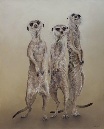 Meerkats, 2014 (akryl på gessobehandlet træ) af Odile Kidd