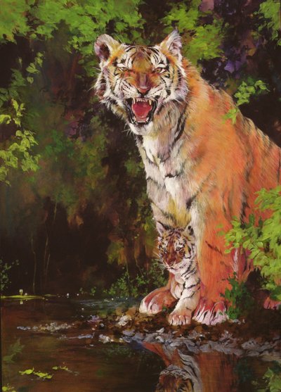 Mother and Baby II (Tigers) 1997 (akryl og blyantskridt på papir) af Odile Kidd