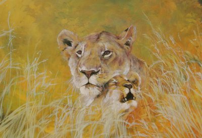 Mother and Baby I (Lions) 1995 (blæk, akryl og blyant på papir) af Odile Kidd