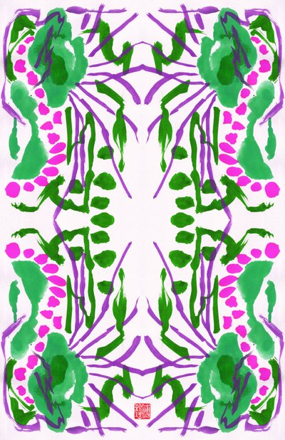 Peacock Green Pink Floral Pattern, 2023 (gouache på papir, digital) af Odilia W. Y. Fu