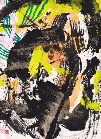 Zen Fire And Wind Ink Abstraction, 2018 (blæk og farve på Xuan-papir) af Odilia W. Y. Fu
