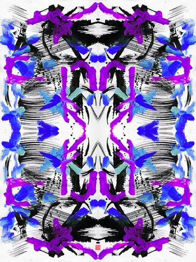Zen Ink Blue Purple Floral Pattern, 2023 (akryl på papir, digital) af Odilia W. Y. Fu