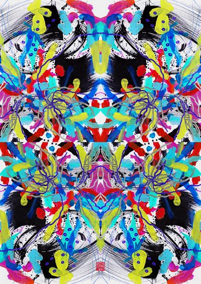 Zen Ink Blue Red Yellow Floral Pattern, 2023 (akryl på papir, digital) af Odilia W. Y. Fu