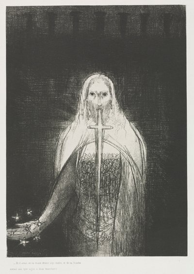 Og han havde i sin højre hånd syv stjerner; og ud af hans mund gik et skarpt tveægget sværd af Odilon Redon