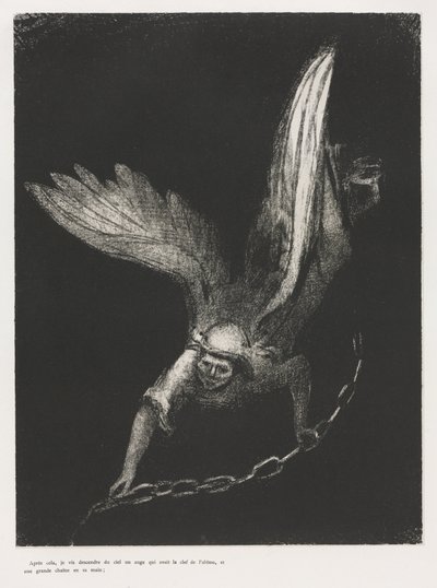 Og jeg så en engel komme ned fra himlen med nøglen til det bundløse hul og en stor lænke i sin hånd af Odilon Redon