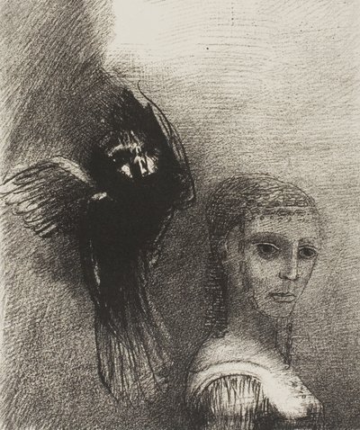 Og en stor fugl, der stiger ned fra himlen, kaster sig selv mod det øverste punkt i hendes hår, plade 3 af 10 af Odilon Redon