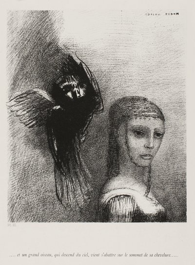 Og en stor fugl, der stiger ned fra himlen, kaster sig selv mod det øverste punkt af hendes hår, plade 3 af 10, 1888 af Odilon Redon