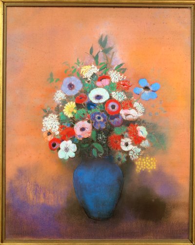 Anemoner og syrener i en blå vase af Odilon Redon