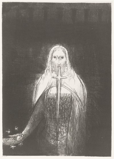 Christus lægger stjerner i hånden Og han havde syv stjerner i sin højre hånd, og ud af hans mund gik et skarpt tveægget sværd Apocalypse of Saint John (serietitel) Openbaring van Johannes (serietitel) af Odilon Redon