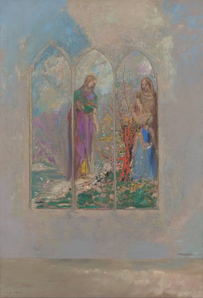Hengivenhed nær en rød busk af Odilon Redon