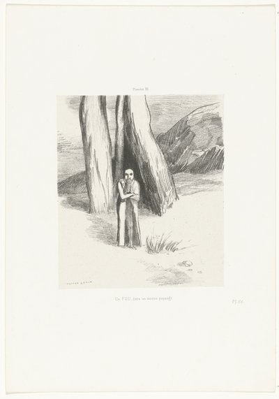 En galning i et dystert landskab Un FOU, dans un morne paysage (titel på objekt) af Odilon Redon