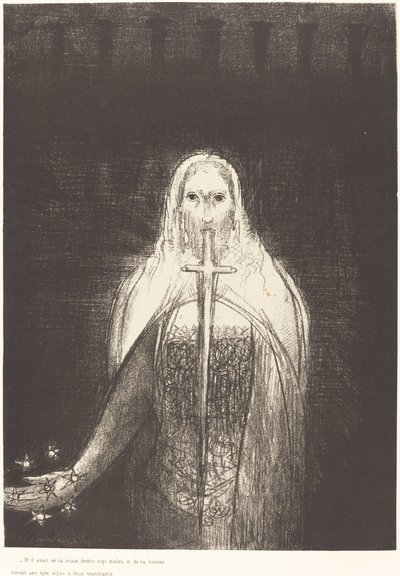 Og han havde syv stjerner i sin højre hånd, og der gik et skarpt tveægget sværd ud af hans mund af Odilon Redon