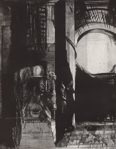 Og overalt er basaltsøjler,? Lyset falder fra hvælvingerne, Blatt 3 der Folge La Tentation de Saint-Antoine. 1896 af Odilon Redon