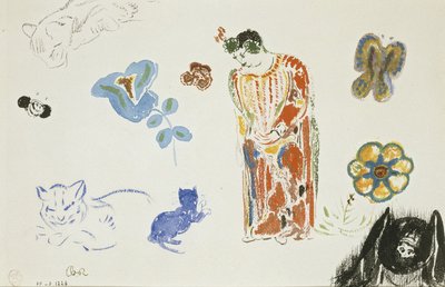Studieark: kvinde, blomster og dyr af Odilon Redon