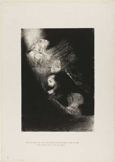 Først en vandpyt, så en prostitueret, hjørnet af et tempel, en soldats ansigt, en stridsvogn med to hvide heste, planche 1 fra The Temptation of Saint Anthony (1. serie) af Odilon Redon