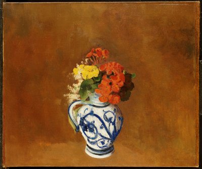 Pelargonier og andre blomster i stentøjsvase af Odilon Redon
