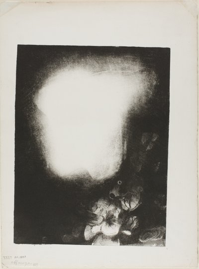 Hoved af kvinde med korsage af blomster af Odilon Redon