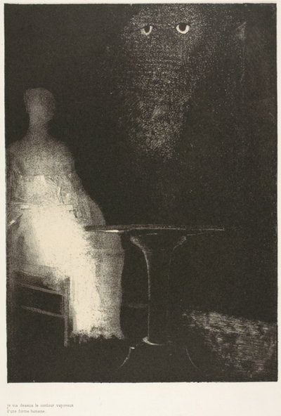 Jeg fortsatte med at stirre på stolen, og jeg syntes, jeg så på den et blegblåt tåget omrids af en menneskelig figur, plade 1 af 6 af Odilon Redon
