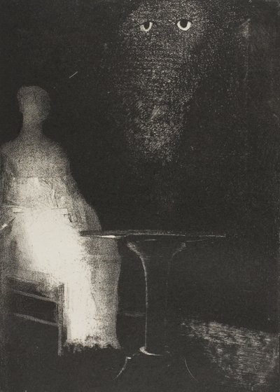 Jeg fortsatte med at stirre på stolen, og fancied jeg så på den et blegblåt tåget omrids af en menneskelig figur, plade 1 af 6 af Odilon Redon