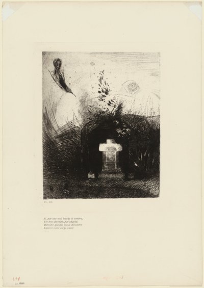 Hvis på en tæt mørk nat en god kristen, af næstekærlighed, bag en gammel ruin, begraver din buede krop, plade 4 af 9 af Odilon Redon