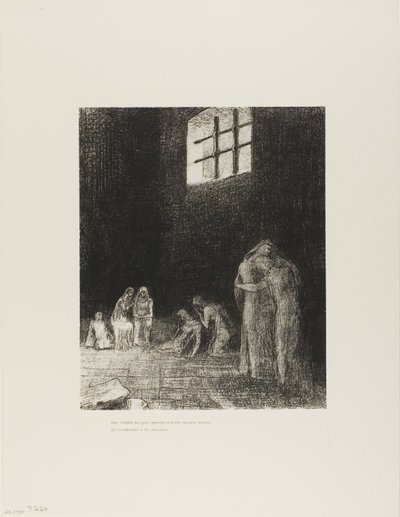I skyggen er mennesker, der græder og beder, omgivet af andre, der formaner dem, plade 6 af 24 af Odilon Redon