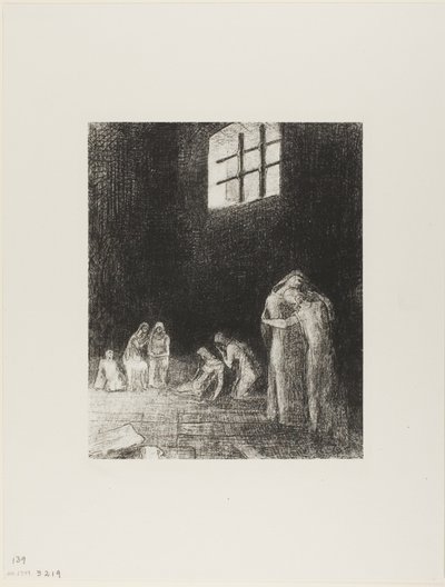 I skyggen er mennesker, der græder og beder, omgivet af andre, der formaner dem, plade 6 af 24 af Odilon Redon