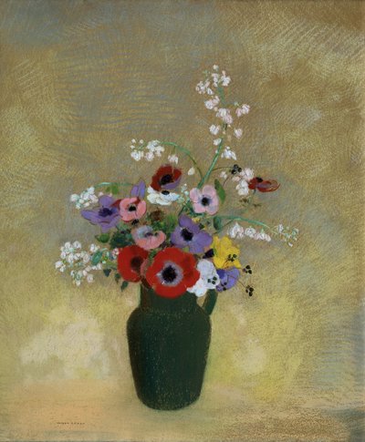 Stor grøn vase med blandede blomster af Odilon Redon