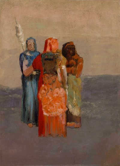 Les Moires (De tre skæbner) (skæbnens tre guddomme fra gammel mytologi eller romernes skæbner) - Maleri af Odilon Redon (1840-1916), olie på lærred (32,4 x 23,8 cm) af Odilon Redon