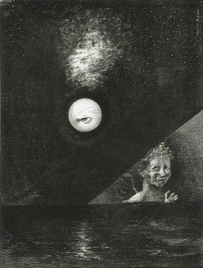 På horisonten, vishedens engel, og på den mørke himmel, et spørgende blik. Serie: For Edgar af Odilon Redon