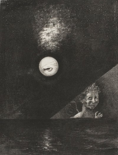 I horisonten vishedens engel og i den dystre himmel et spørgende øje, planche fire fra To Edgar Poe af Odilon Redon