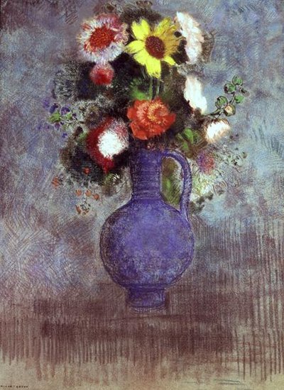 Stilleben af blomster i en blå vase (pastel) af Odilon Redon