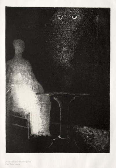 Det hjemsøgte hus: Jeg fortsatte med at stirre på stolen, og syntes jeg så en lyseblå..., 1896. af Odilon Redon