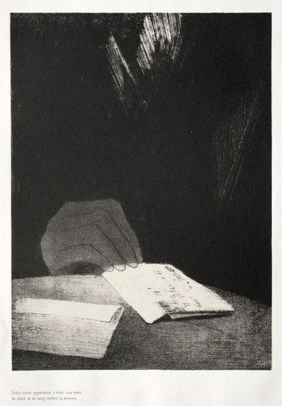Det hjemsøgte hus: Det var en hånd, tilsyneladende lige så meget af kød og blod som mit eget, 1896. af Odilon Redon