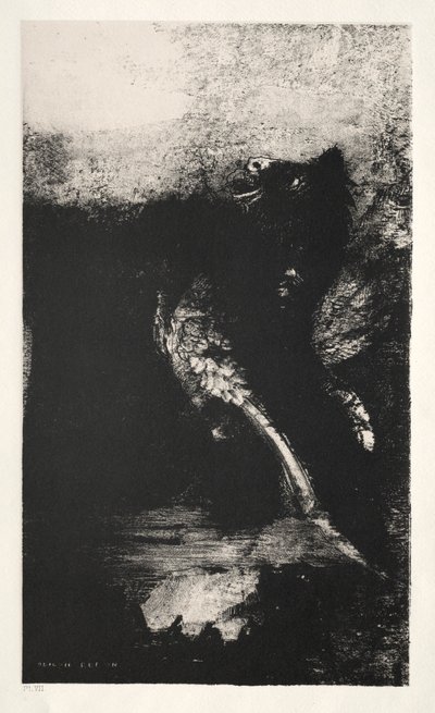 The Temptation of Saint Anthony First Series: The Chimera with Green Eyes Turns, Bays, 1888. af Odilon Redon