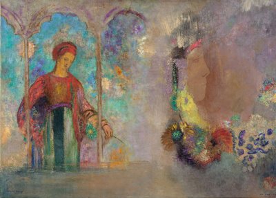 Kvinde i en gotisk arkade - Kvinde med blomster - Peinture de Odilon Redon (1840-1916) af Odilon Redon