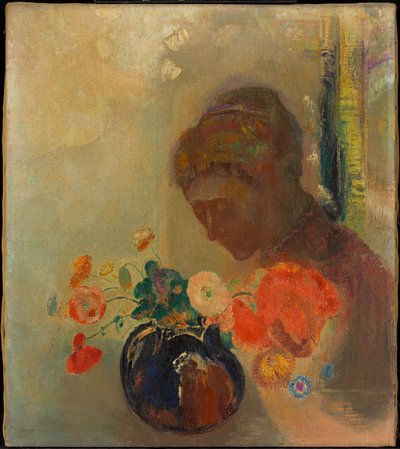 Kvinde med en vase blomster af Odilon Redon