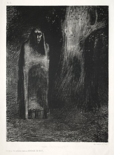 The Night: The Man Was Alone in a Night Landscape, 1886. af Odilon Redon Lemercier and Cie.