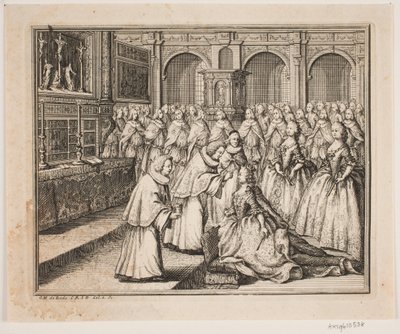 Biskop Hersleb salver Dronning Louise i Frederiksborg Slotskirke. Illustration til Frederik d. IV