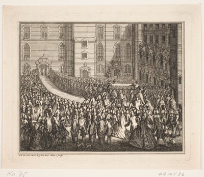 Kong Frederik V i procession til salvingshøjtidelighed i Frederiksborg Slotskirke. Illustration til Frederik d. IV