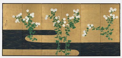 Chrysanthemums by a Stream, par foldeskærme med seks paneler, slutningen af 1700-tallet-begyndelsen af 1800-tallet (blæk og farve på forgyldt papir) af Ogata (follower of) Korin