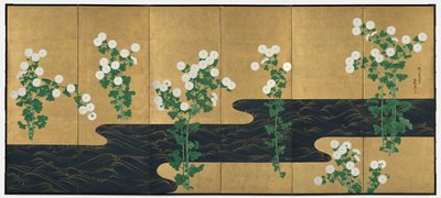 Chrysanthemums by a Stream, par foldeskærme med seks paneler, slutningen af 1700-tallet-begyndelsen af 1800-tallet (blæk og farve på forgyldt papir) af Ogata (follower of) Korin