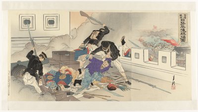 Skildring af den kinesisk-japanske krig i Pyongyang Nisshin sensô Nissei Heijô shôho zu (titel på objekt) af Ogata Gekko