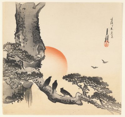Krager på en træstamme, Meiji-perioden, ca. 1890-1910 (træblok i farver) af Ogata Gekko