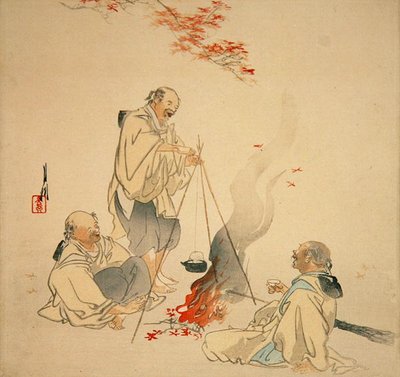 Drinking Sake under a Maple Tree, ca. 1890-1900-tallet (træbloktryk i farver) af Ogata Gekko