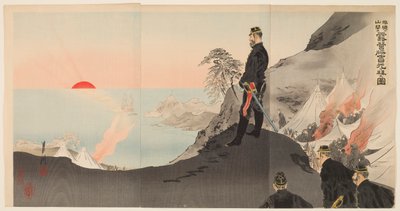 Officerer og mænd, der beundrer den opgående sol, mens de bivuackerer i bjergene i Port Arthur af Ogata Gekko