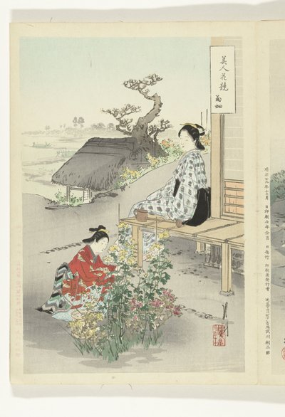 Pasning af krysantemum Sammenligninger mellem skønheder og blomster (serietitel) Bijin hana kurabe (serietitel på objekt) af Ogata Gekko