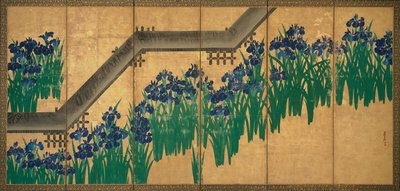 Iris ved Yatsuhashi (Otte broer), ca. 1709 (blæk og farve på bladguld på papir) af Ogata Korin